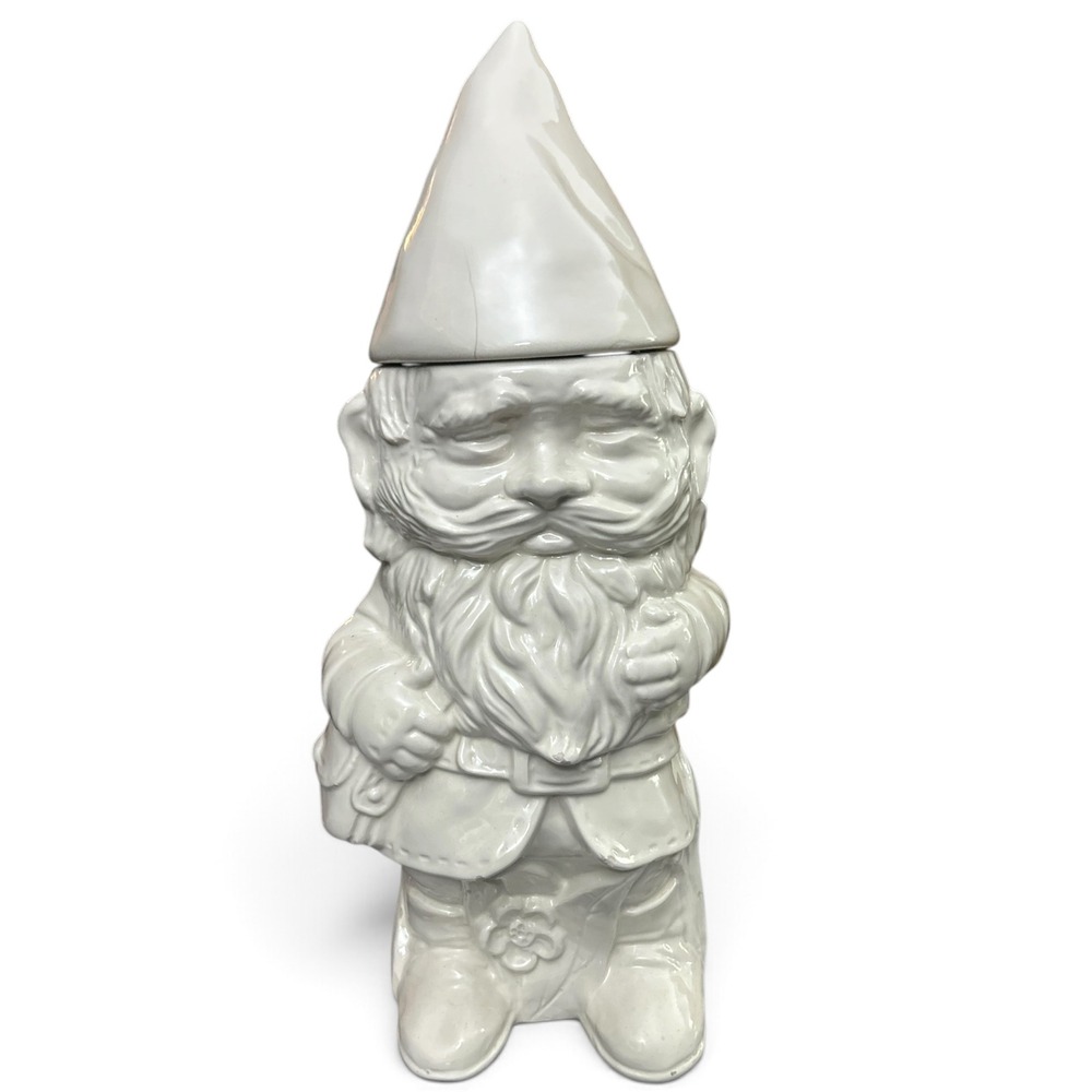 VTG Ceramic Gnome Cookie Jar Canister 17" White Mother of Pearl Iridescent USA